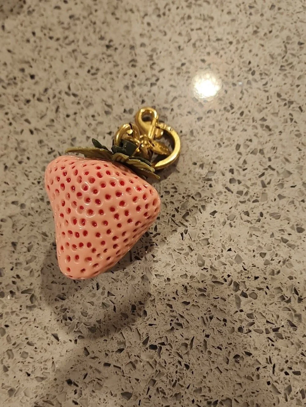 Coach Style Pink Strawberry Brooch with Gold Hardware and Green Leaf
